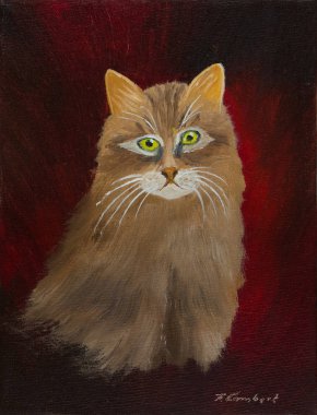 Kırmızı arka planda oturan bej renkli altın bir kedinin yağlı boyası.