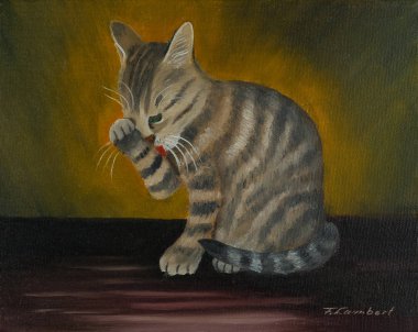 Yağlı boya - bir kedi dili ile bir pençe temizler.