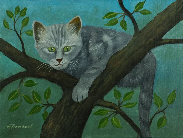 Pintura Óleo Gato Gris Con Ojos Verdes Sentado Árbol —  Fotos de Stock