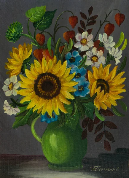 Oil painting of a green vase with different coloured flowers