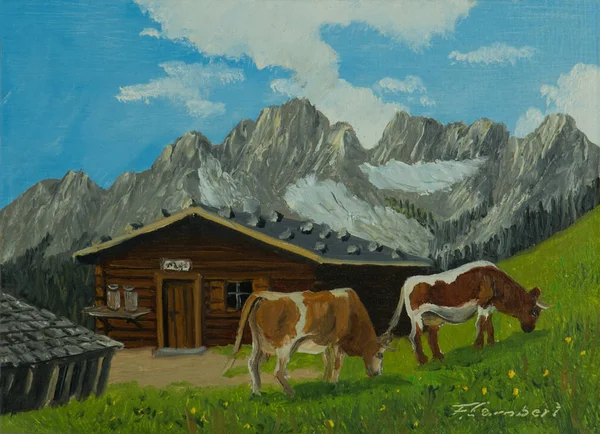 Живопись Маслом Две Пятнистые Коровы Перед Альпийской Хижиной Горами Заднем — стоковое фото