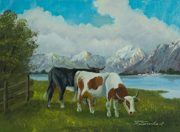 Oilpainting Uma Vaca Preta Manchada Frente Lago Com Alpes Fundo — Fotografia de Stock