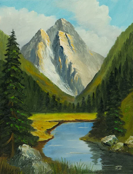 Peinture Huile Une Vallée Étroite Avec Une Rivière Des Montagnes — Photo