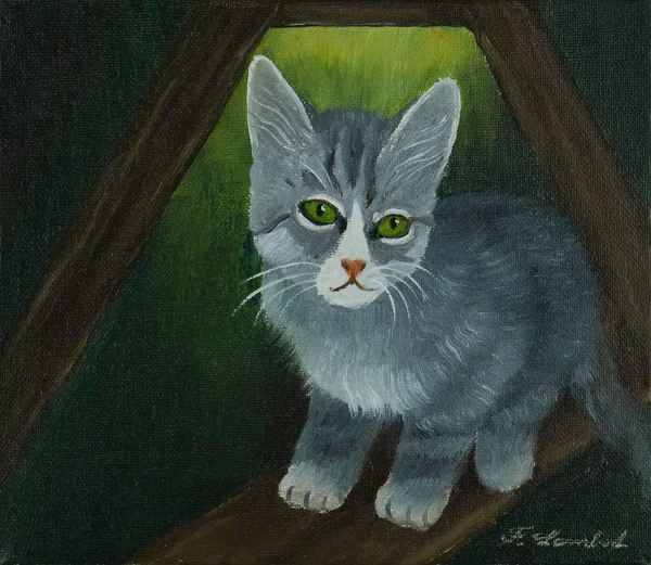 Oil painting of a small grey cat against a green background