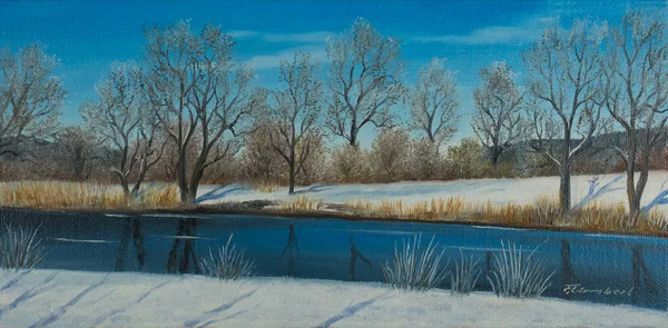 Pintura Óleo Uma Paisagem Inverno Coberta Neve Com Rio Árvores — Fotografia de Stock