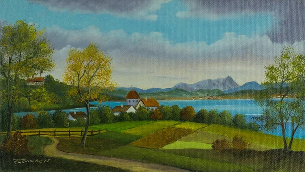 Pintura Óleo Paisaje Con Campos Pequeño Pueblo Lago — Foto de Stock