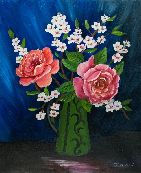 Ελαιογραφία Διάφορα Λουλούδια Πράσινο Χρωματισμένο Vase Λαβή — Φωτογραφία Αρχείου
