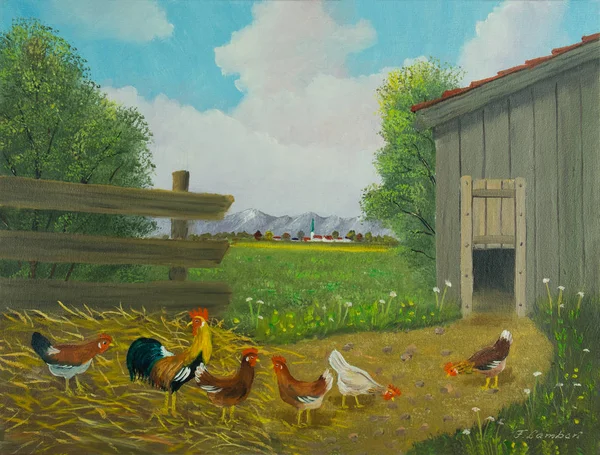 Oil painting - Several free-range chickens and a cock in front of a stable