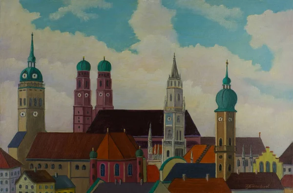 Pintura Óleo Vista Ciudad Munich Con Las Torres Iglesia — Foto de Stock
