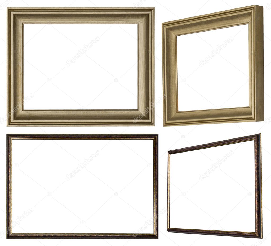 Various picture frames made of profiled wood painted with golden paint