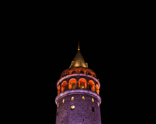 Iluminada Torre Galat Estambul Con Techo Dorado Fotografiado Por Noche — Foto de Stock