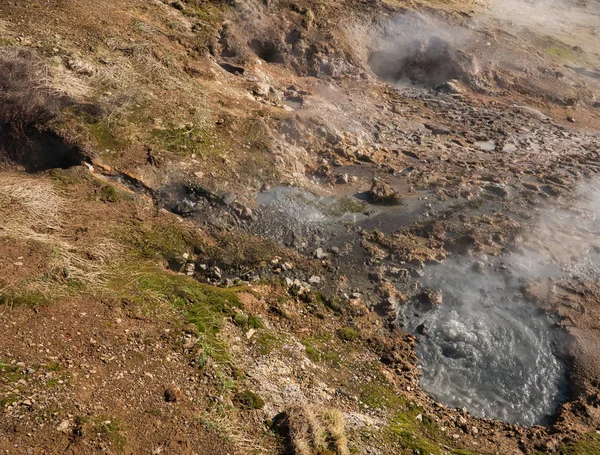 Borrelende modder gaten in de buurt van Reykjadalur in IJsland — Stockfoto