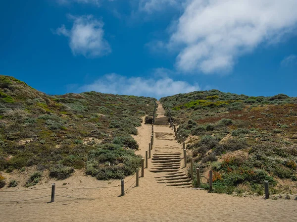 Een Zandpad Een Heuvel Met Ronde Houten Treden Omheining — Stockfoto