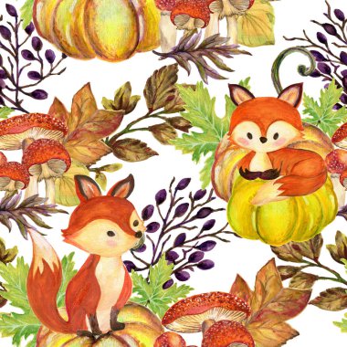 Balkabağı ve mantarlı Şirin Tilki Minik Kuş. İç mekan için kusursuz sonbahar deseni, moda.