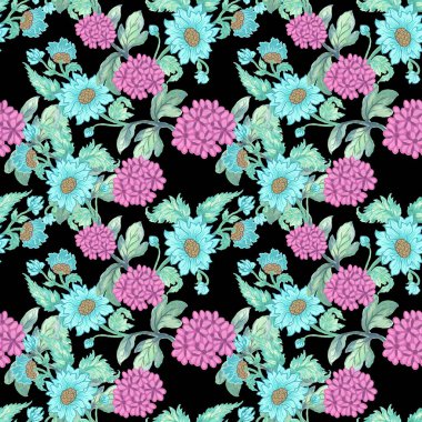 İskandinav Çiçek Süslemesi Kusursuz Desen geçmişi. Geleneksel İskandinav şirin süsü. Halk sanatı retro tasarımı suluboya çizimi. 