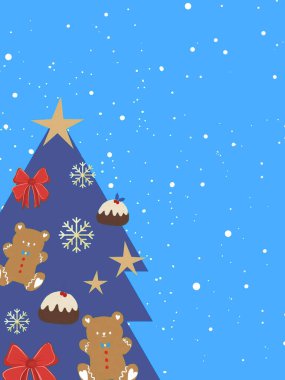 Geleneksel bayram mevsimi Noel ağacı mavi tonlu zencefilli ekmek ayısı ve RSVP için pasta, ürün üzerindeki davetiye etiketi