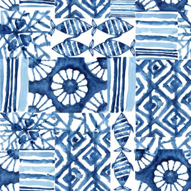 Mavi ve beyaz kumaşlı boya desenli mürekkep desenli soyut arka plan. İki ton bulutu boya. Shibori soyut batik fırça pürüzsüz ve tekrar eden desen tasarımı.