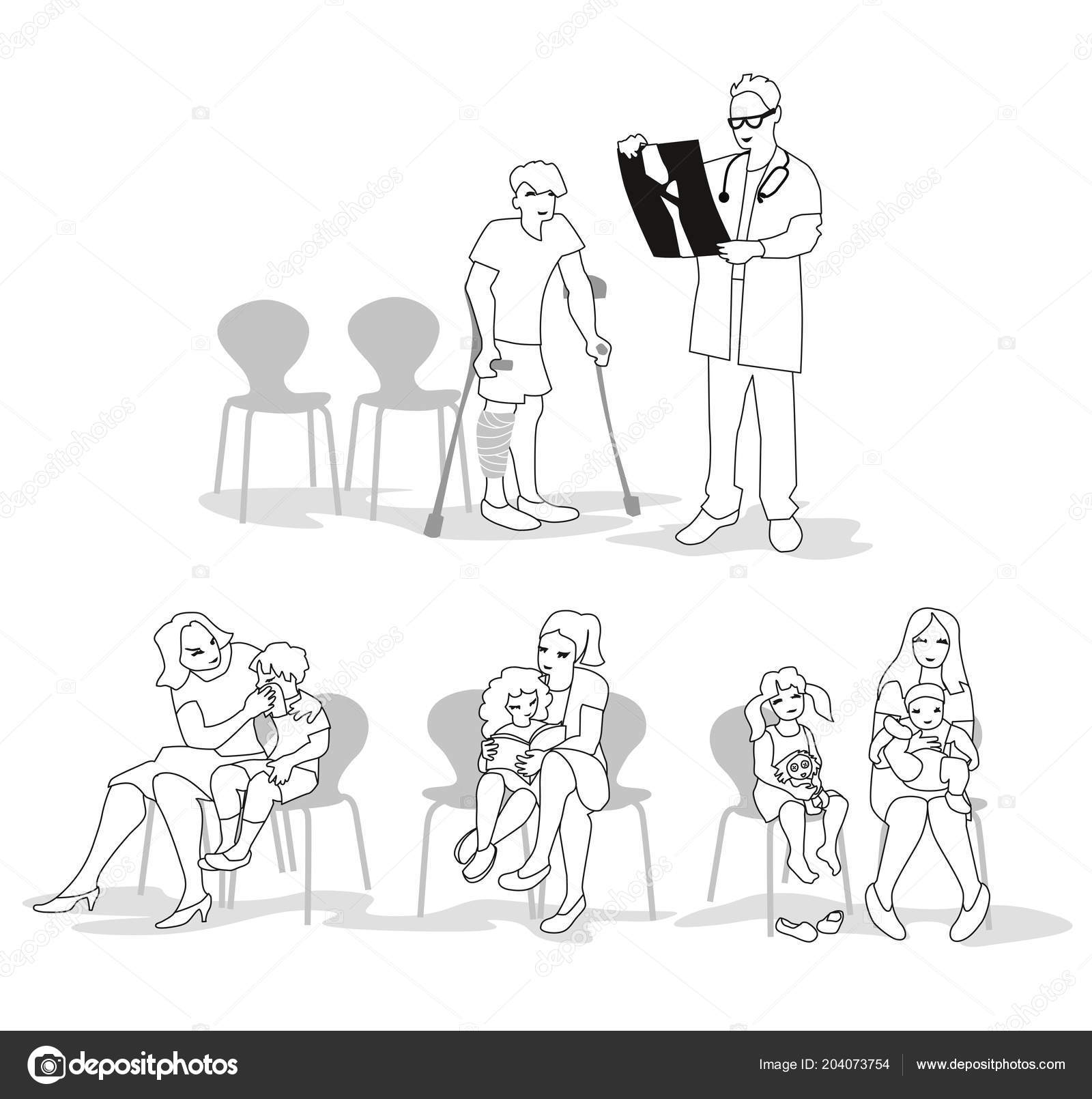 Vector Illustration Sick Children Parents Sitting Waiting Room Characters Set Stock Vector C Rozamarin 204073754