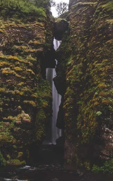 Gljufrabui Tajné Vodopád Islandu Vztahuje Kamení Mech Vody — Stock fotografie