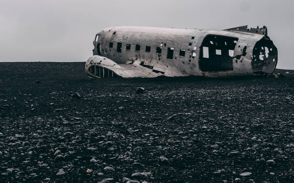 plane wreck in iceland at a foggy day with no people