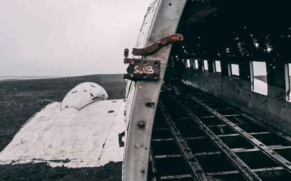 close up of plane wreck in iceland with no people without people