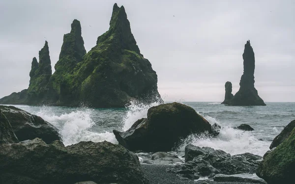 reynisdrangar with a lot of birds on it and no people without people