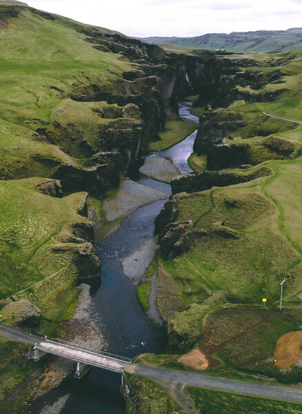 fjadrargljufur iceland aerial view vertical drone