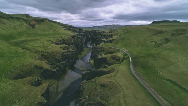 Fjadrargljufur Iceland Воздушный Вид Облаками Дрона — стоковое фото