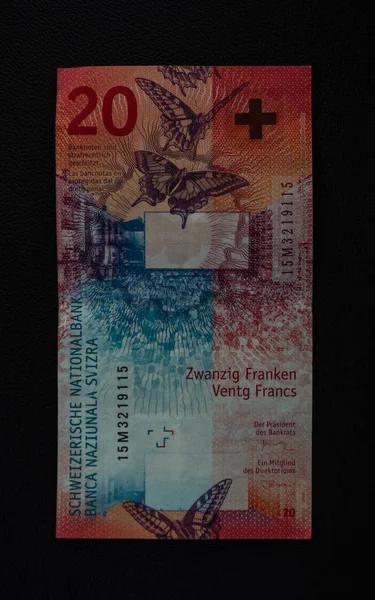 Nueva Moneda Del Billete Veinte Francos Suizos Suiza Fondo Negro —  Fotos de Stock