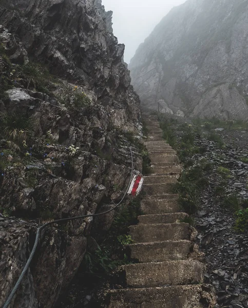 scary steep hiking path with stairs on steep mountain. hiking path sign on a stone, brienzer rothorn switzerland