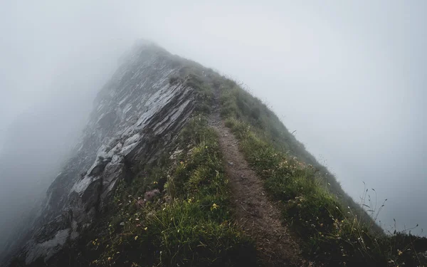 Spaventoso Sentiero Escursionistico Coperto Nebbia Sul Crinale Una Montagna Nelle Fotografia Stock