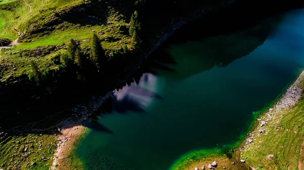 深い青色の山の湖の空の景色に影のある木スイスアルプスの木 — ストック写真