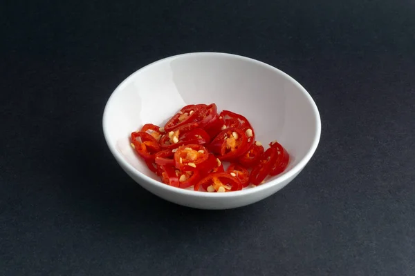 Red Chili Slices Dark Background Selective Focus Crop Fragment — Stock Photo, Image