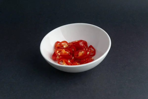 Red Chili Slices Dark Background Selective Focus Crop Fragment — Stock Photo, Image
