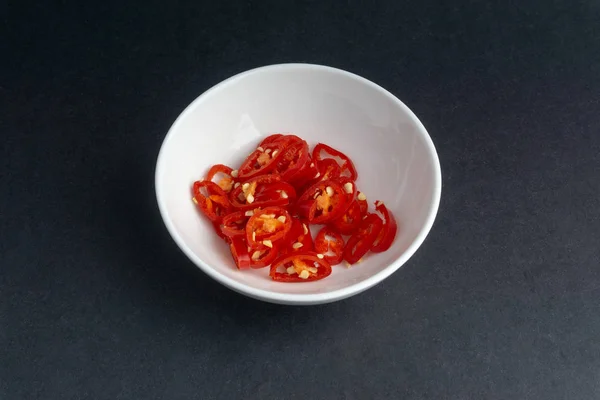 Red Chili Slices Dark Background Selective Focus Crop Fragment — Stock Photo, Image