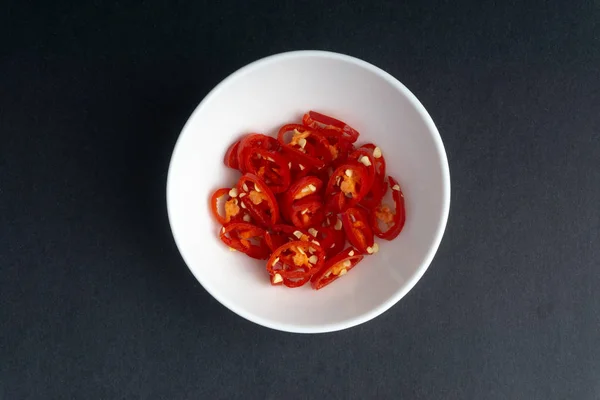 Red Chili Slices Dark Background Selective Focus Crop Fragment — Stock Photo, Image