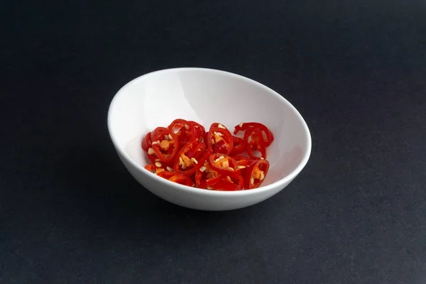 Red Chili Slices Dark Background Selective Focus Crop Fragment — Stock Photo, Image