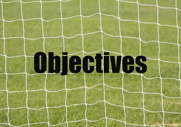 Soccer Goal Net Слова Objectives Фоні Зеленої Трави Селективним Фокусом — стокове фото