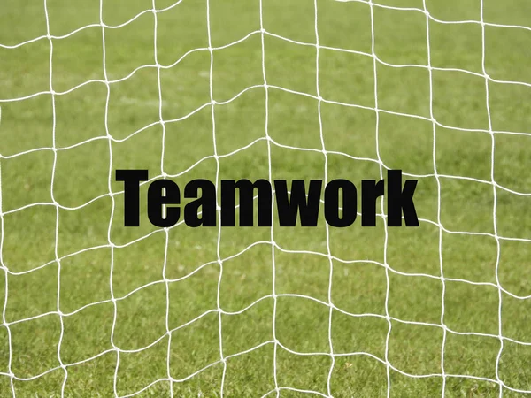 Soccer Goal Net Palavras Teamwork Green Grass Fundo Com Foco — Fotografia de Stock