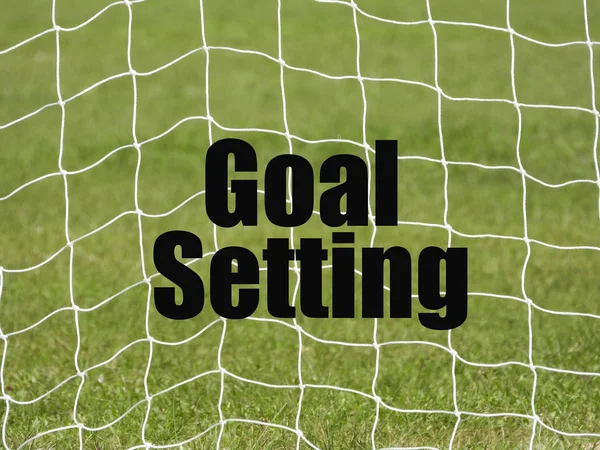 Soccer Goal Net Слова Goal Setting Фоні Зеленої Трави Вибірковим — стокове фото