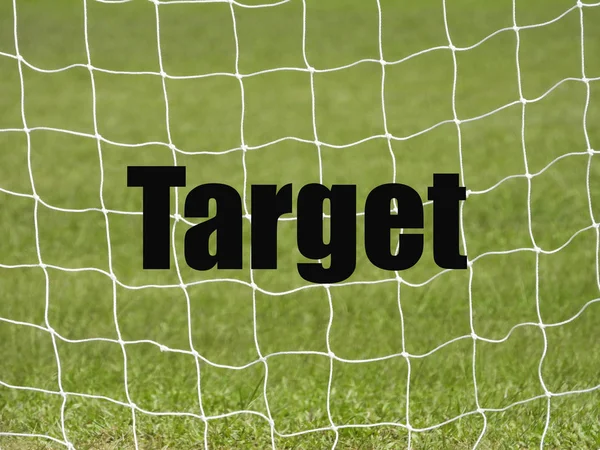 Soccer Goal Net Palavras Target Green Grass Fundo Com Foco — Fotografia de Stock