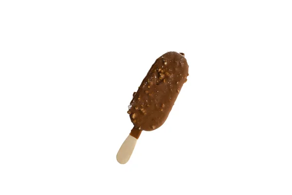 Chocolate Gelado Gelado Isolado Fundo Branco Com Foco Seletivo Fragmento — Fotografia de Stock