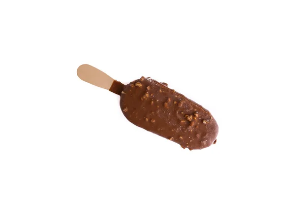 Chocolate Gelado Gelado Isolado Fundo Branco Com Foco Seletivo Fragmento — Fotografia de Stock