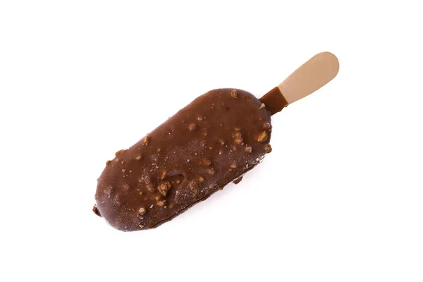 Chocolate Gelado Gelado Isolado Fundo Branco Com Foco Seletivo Fragmento — Fotografia de Stock