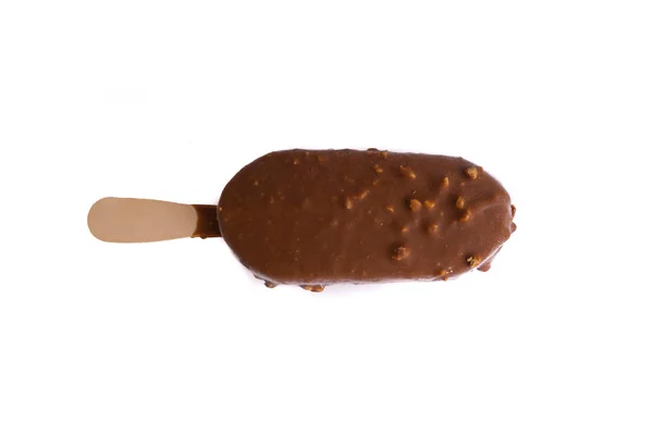 Chocolate Gelado Gelado Isolado Fundo Branco Com Foco Seletivo Fragmento — Fotografia de Stock