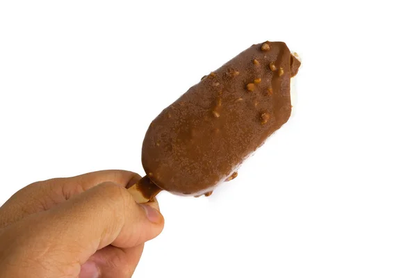 Chocolate Gelado Gelado Isolado Fundo Branco Com Foco Seletivo Fragmento — Fotografia de Stock