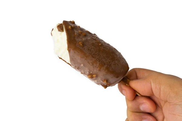 Chocolate Gelado Gelado Isolado Fundo Branco Com Foco Seletivo Fragmento — Fotografia de Stock