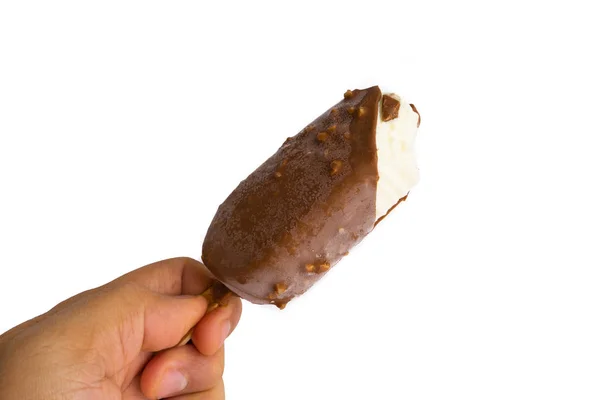 Chocolate Gelado Gelado Isolado Fundo Branco Com Foco Seletivo Fragmento — Fotografia de Stock