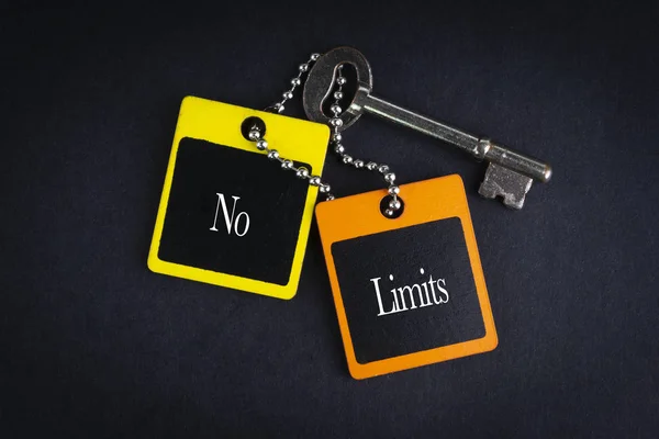 NO LIMITS inscription written on wooden tag and key on black background with selective focus and crop fragment. Business and education concept