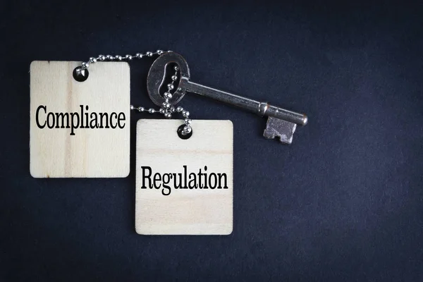 Compliance Regulation Inscription Written Wooden Tag Key Black Background Selective — Stock Photo, Image